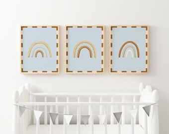 Rainbow Nursery Wall Art Boho Baby Room Earth Tone Blue Kids Bedroom Neutral Playroom Gallery Wall Minimalist Rainbow Room Decor XETD8-A3