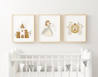 Princess Fairytale Nursery Wall Art Castle Baby Girl Room Neutral Pumpkin Carriage Kids Bedroom Gallery Wall Earth Tone Playroom XETD4-A3