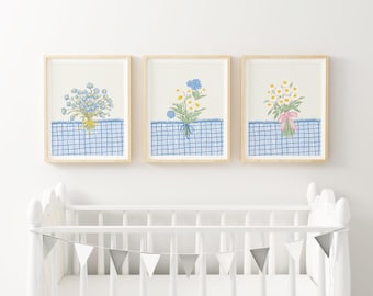 Blue Gingham Nursery Art Cottagecore Floral Wall Prints Baby Girl Room Decor Wildflower Bouquets Hydrangea Botanical Gallery PCD5-A3