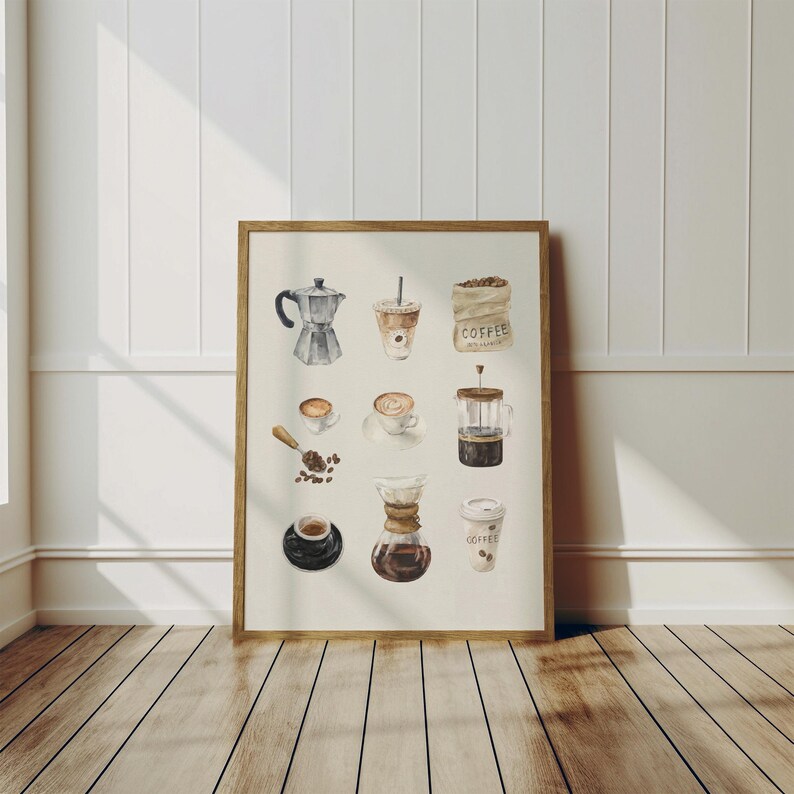 A framed collage of various coffee-related items, including a coffee pot, coffee cup, coffee beans, a coffee grinder, and a coffee mug, is displayed on a wooden floor against a white wall.