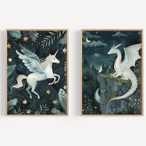 Impresión artística de unicornio y dragón para guardería, impresión artística azul, impresión artística caprichosa, juego de impresiones de unicornio para guardería, papel de alto archivo, juego de 2 KR3-A2
