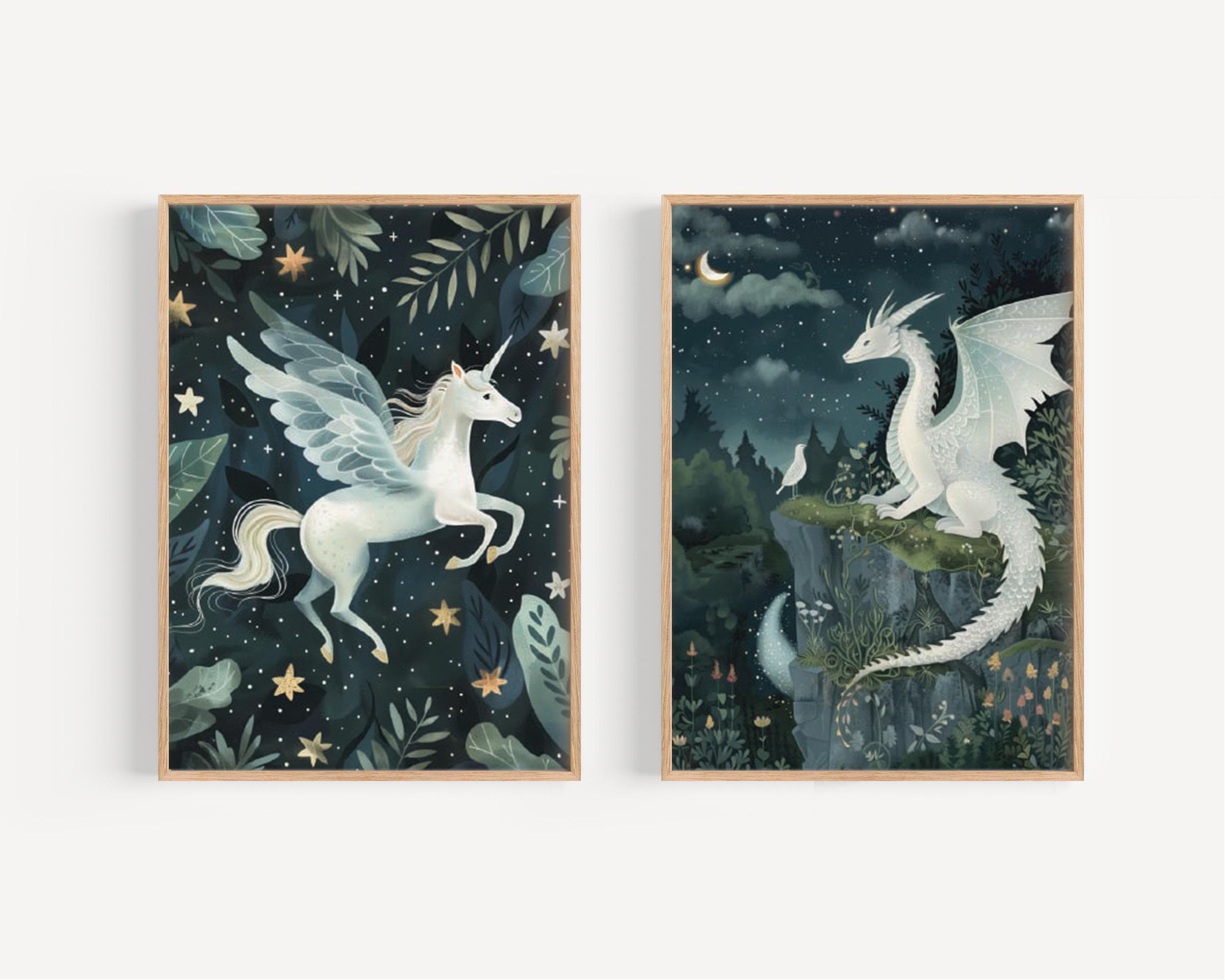 Imprimé licorne et dragon bleu pour chambre d'enfant, impression d'art fantaisiste, impression d'art licorne, impression de chambre d'enfant, papier d'archives haute qualité, lot de 2 KR3-A2