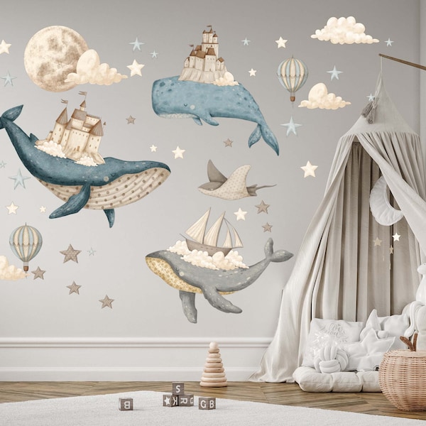 Ocean Dream Nursery  Whimsical Fabric or Vinyl Wall Decal Set, Under the sea watercolor Ocean kids nursery wall decal