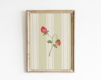 Vintage Strawberry Kitchen Wall Art Sage Green Cottagecore Fruit Decor Botanical Farmhouse Pantry Dining Room Country Kitchen Art XVBP11-A1