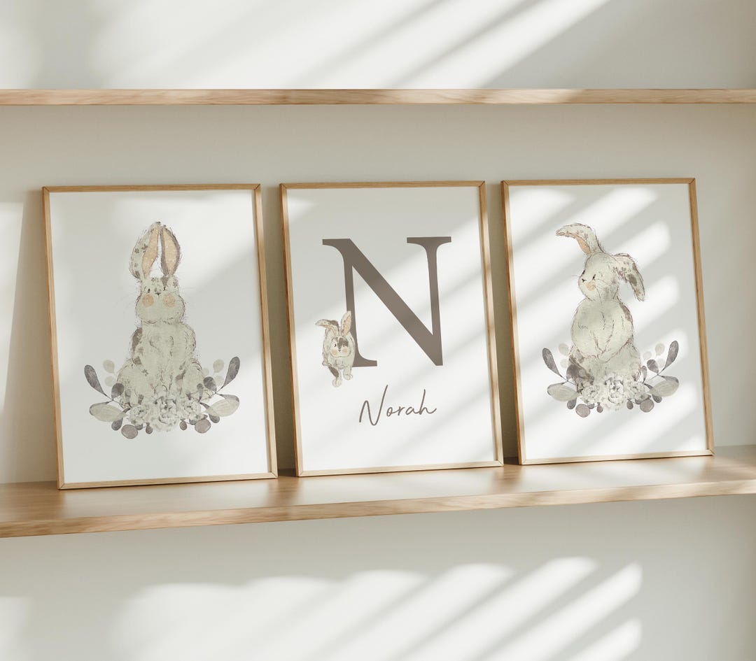 Personalized Bunny Nursery Art Print Beige Nursery Art Printed Bunny ...