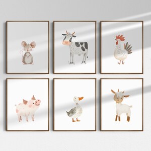 May include: Set of six watercolor illustrations of farm animals, including a mouse, cow, rooster, pig, duck, and goat. Each animal is depicted in a simple, cartoonish style with bright colors.