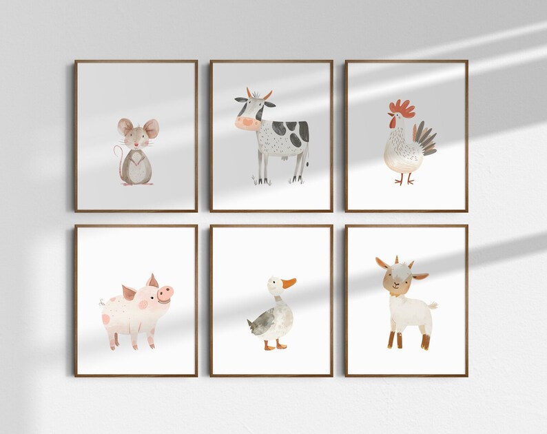 May include: Set of six watercolor illustrations of farm animals, including a mouse, cow, rooster, pig, duck, and goat. Each animal is depicted in a simple, cartoonish style with bright colors.