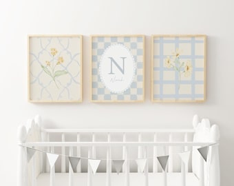 Personalized Blue Floral Nursery Wall Art Custom Baby Name Sign Vintage Monogram Print Girl Room Cottagecore Blue Gallery Prints XVBP4-A3