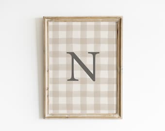 Beige Personalized Nursery art initial print gingham nursery custom name print beige and gray nursery decor neutral nursery art GGI1-A1