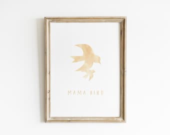 Mama Bird Neutral Nursery Wall Art Beige Mother Baby Bird Print Earth Tone Nursery Decor Watercolor Swallow Motherhood Keepsake MB6