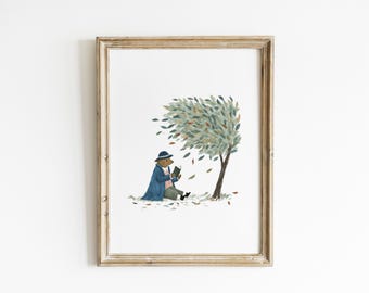 Woodland Bear Nursery Wall Art Forest Bear Reading Nursery Art Storybook Animal Illustration Vintage Cottagecore Baby Room Decor AUT5-A1