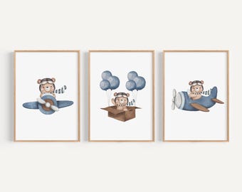 Bear Plane Nursery Art PRINTED art prints, bear and plane nursery art bear nursery decor blue bear theme nursery Set of 3 FH4-A3