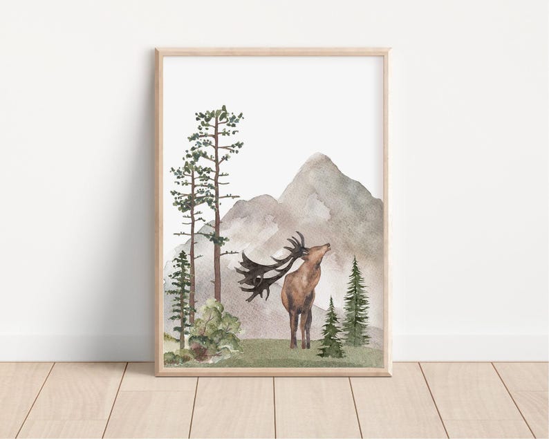 Woodland Nursery wall art PRINTED VERSION, Mountain wall art, tree nursery decor Forest nursery- Nursery Prints Watercolor Woodland- W05 image 5