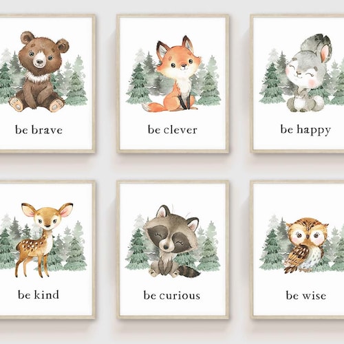 Woodland Nursery Wall Art IMPRIMÉ Art Print Ensemble de 6 impressions d’art de pépinière boiséeWoodland ours Nursery Art prints, Forest Nursery Prints W02