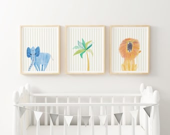 Colorful Safari Nursery Wall Art Lion Elephant Prints Tropical Palm Tree Decor Striped Toddler Room Gallery Kids Playroom Animal Art CPS5-A3