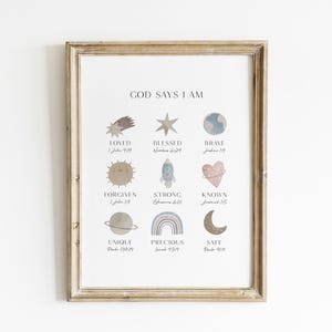 May include: A framed print with the words "GOD SAYS I AM" and illustrations of a shooting star, star, globe, sun, rocket, heart, planet, rainbow, and crescent moon. The print is in a light-colored wooden frame.