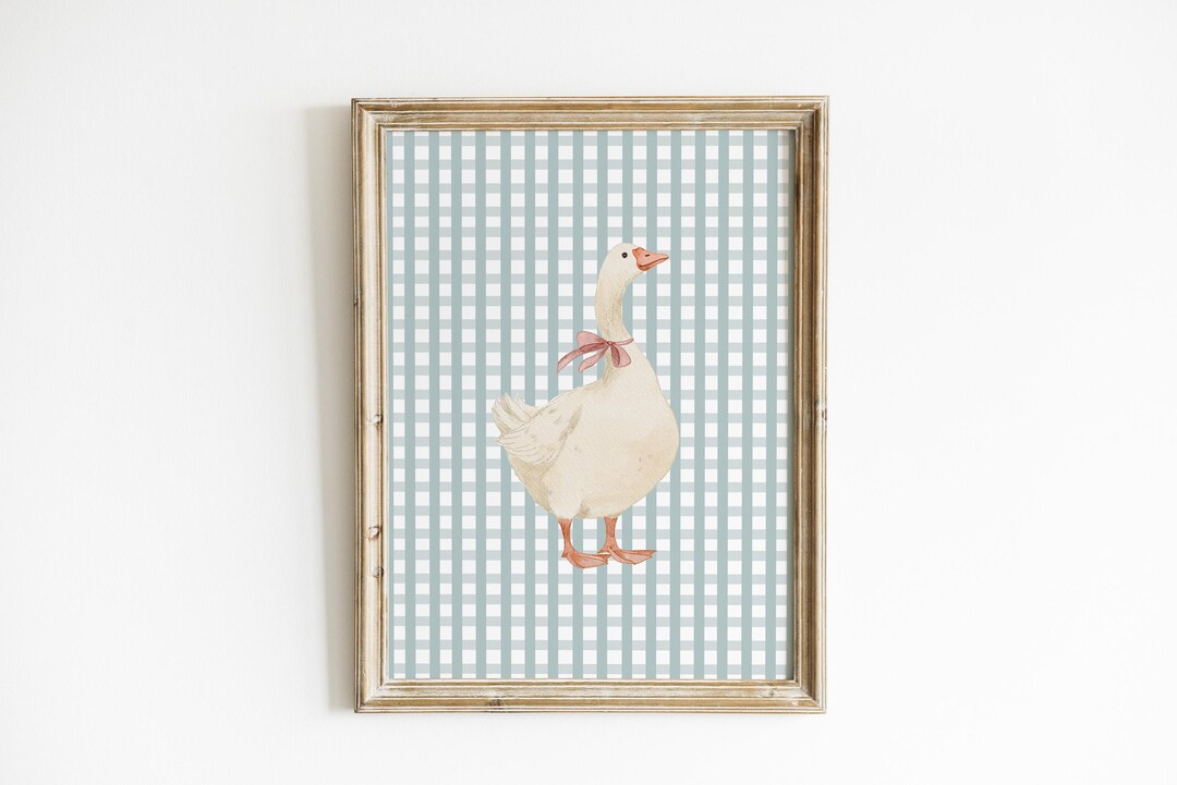 Watercolor Goose Nursery Wall Art Blue Gingham Duck Print Vintage ...