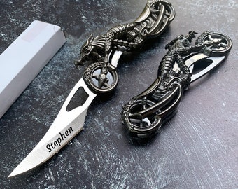 Personalized DRAGON Motorcycle pocket knife Custom engraved pocket knife Perfect gift for biker Fathers day gift. Gift for Dad him boyfriend