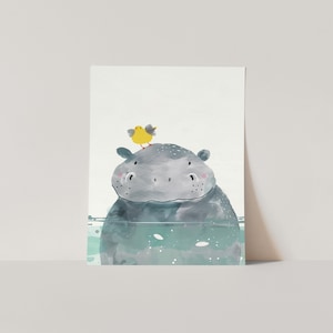 A watercolor painting depicting a hippopotamus with a yellow bird perched on its head.