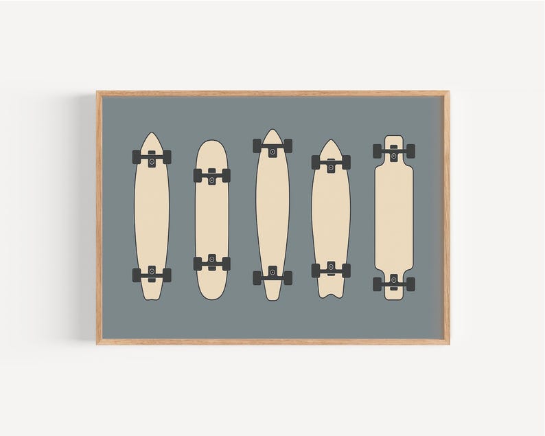 A framed illustration of five skateboards in various styles and designs, arranged in a grid-like pattern against a gray background.