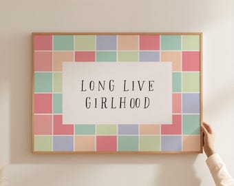 ¡Viva la niñez! Lámina decorativa infantil a cuadros coloridos para sala de juegos infantiles. Arte de pared infantil en tonos pastel. Letrero adorable y original para la habitación de niñas XCK6-A1