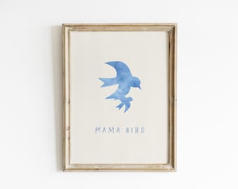 Blue Mama Bird Nursery Wall Art Baby Boy Room Decor Watercolor Bird Print Motherhood Artwork Newborn Nursery Baby Shower New Mom Gift MB9