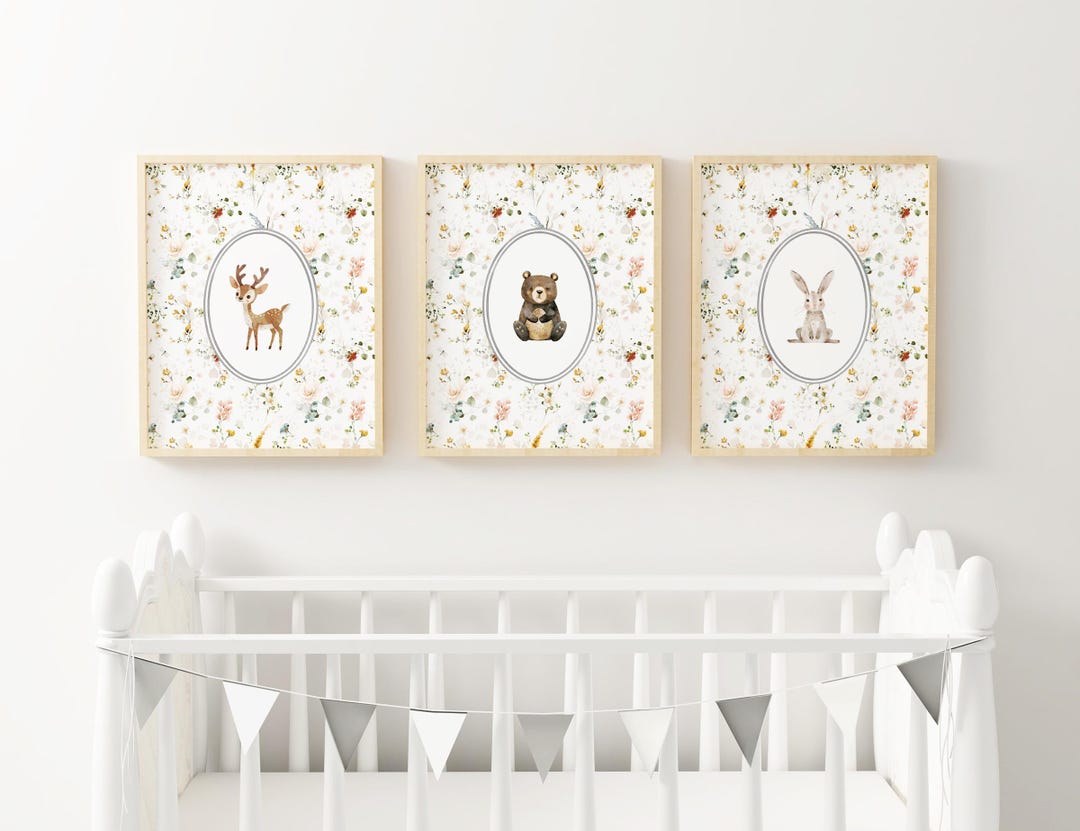 Woodland Nursery Wall Art Floral Woodland Animal Print Baby Girl Room ...