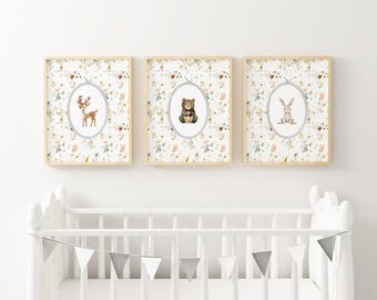 Woodland Nursery Wall Art Floral Woodland Animal Print Baby Girl Room Botanical Woodland Bunny Nursery Decor Cottagecore Artwork WOD6-A3