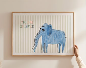 You Are So Loved Nursery Wall Art Blue Elephant Print Safari Animal Baby Boy Room Decor Striped Kids Playroom Baby Shower Gift CPS4-A1