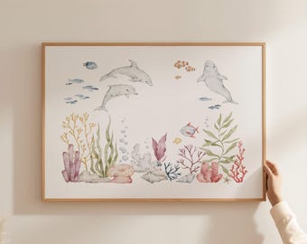 Dolphin Nursery Wall Art Ocean Animal Watercolor Under The Sea Baby Boy Room Coastal Kids Bathroom Decor Sea Life Coral Reef Art PEO6-A1