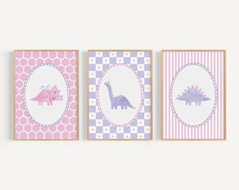 Princess Dinosaur Nursery Wall Art Pink Purple Dino Prints Baby Girl Nursery Cute Kids Bedroom Toddler Playroom Prehistoric Decor XDCB3-A3
