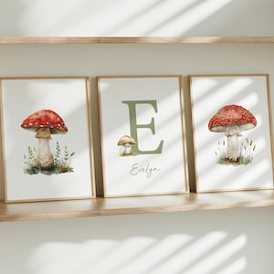 Personalized Mushroom Nursery mushroom art print woodland nursery sage green nursery woodland print whimsical nursery art Set of 3 NF10-A3