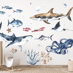 Sea World Ocean Fabric or vinyl wall decal Set for kids room underwater nursery peel and stick ocean wall decals include, whale turtle shark image 1