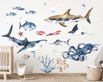 Sea World Ocean Fabric or vinyl wall decal Set for kids room underwater nursery peel and stick ocean wall decals include, whale turtle shark