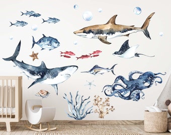 Sea World Ocean Fabric wall decal Set for kids room underwater nursery peel and stick ocean wall decals include, whale turtle shark