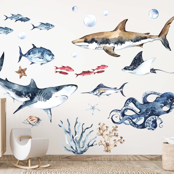 Autocollant Mural Enfant "Monde Sous-marin" - Baleine, Poulpe, Tortue, Motif Animaux (Neuf)