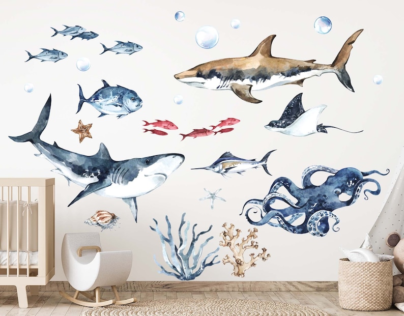 Sea World Ocean Fabric or vinyl wall decal Set for kids room underwater nursery peel and stick ocean wall decals include, whale turtle shark image 1