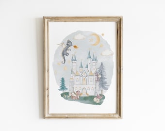 Watercolor Castle Nursery Wall Art Dragon Nursery Art Magical Print Baby Room Wall Decor Whimsical Illustration Fairytale Nursery DRK10-A1