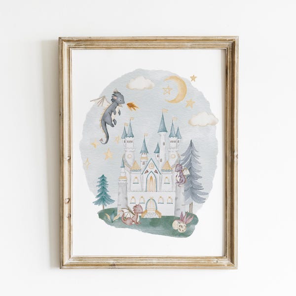 Cuadro de acuarela con diseño de castillo para habitación infantil, arte de dragón para habitación infantil, lámina mágica, decoración de pared para habitación de bebé, ilustración caprichosa, cuento de hadas para habitación infantil DRK10-A1