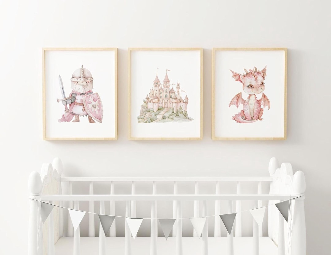 Fairytale Nursery Wall Art Set Pink Castle Print Dragon Nursery Art ...