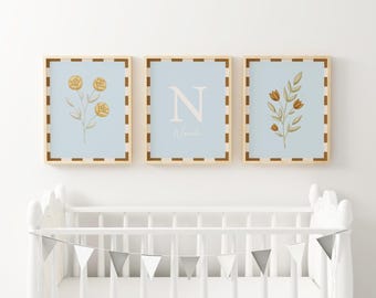 Personalized Floral Botanical Nursery Wall Art Custom Baby Name Sign Blue Baby Girl Room Neutral Earth Tone Nursery Gallery Decor XETD6-A3