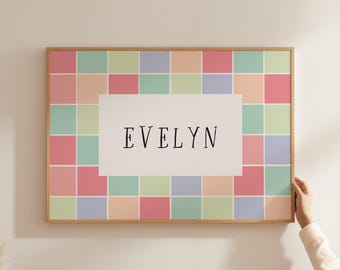 Lámina decorativa de pared para guardería infantil en tonos pastel, diseño a cuadros para sala de juegos de niños, decoración de pared para habitación de niñas, letrero colorido y original XCK8-A1
