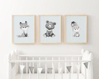 Woodland Nursery Wall Art Woodland Bear Nursery Bunny Art Fox Decor Soft Blue Baby Room Decor Woodland Creatures Boys Nursery WES3-A3