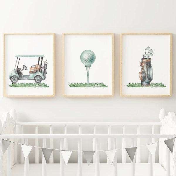 Boy Golf Nursery PRINTED art prints blue golf theme nursery art Printed Watercolor golf theme print set high archival paper Set of 3 GP03-A3