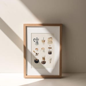 a framed collage of various coffee-related items, including a coffee pot, coffee cup, coffee beans, and a coffee grinder, all set against a light-colored background.