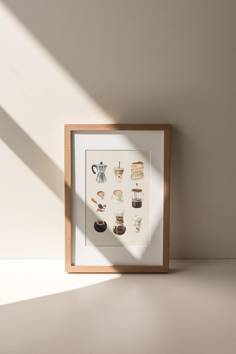 a framed collage of various coffee-related items, including a coffee pot, coffee cup, coffee beans, and a coffee grinder, all set against a light-colored background.