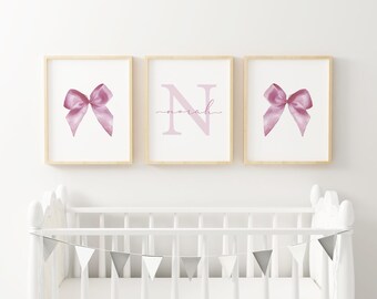 Personalized Pink Nursery decor coquette bow print soft pink nursery girls room wall art girl nursery Printed and Shipped Set of 3 GPB2-A3