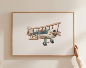 Cuadro decorativo de avión vintage para habitación infantil, lámina de biplano azul, habitación de bebé niño, aviación, habitación infantil, aventura, transporte, arte para sala de juegos de niños XTDY6-A1