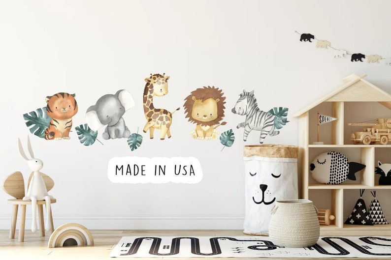 Safari Fabric Wall Decal, SAFARI ANIMALS, Décalque mural de pépinière, Autocollant daquarelle, Autocollant de pépinière, Autocollant mural danimaux africains, Mur de safari image 2