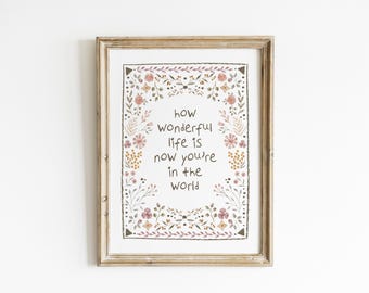 How Wonderful Life Is Nursery Wall Art Boho Nursery Muted Pink Floral Wall Art Baby Girl Room Decor Neutral Whimsical Floral Art LBB6-A1